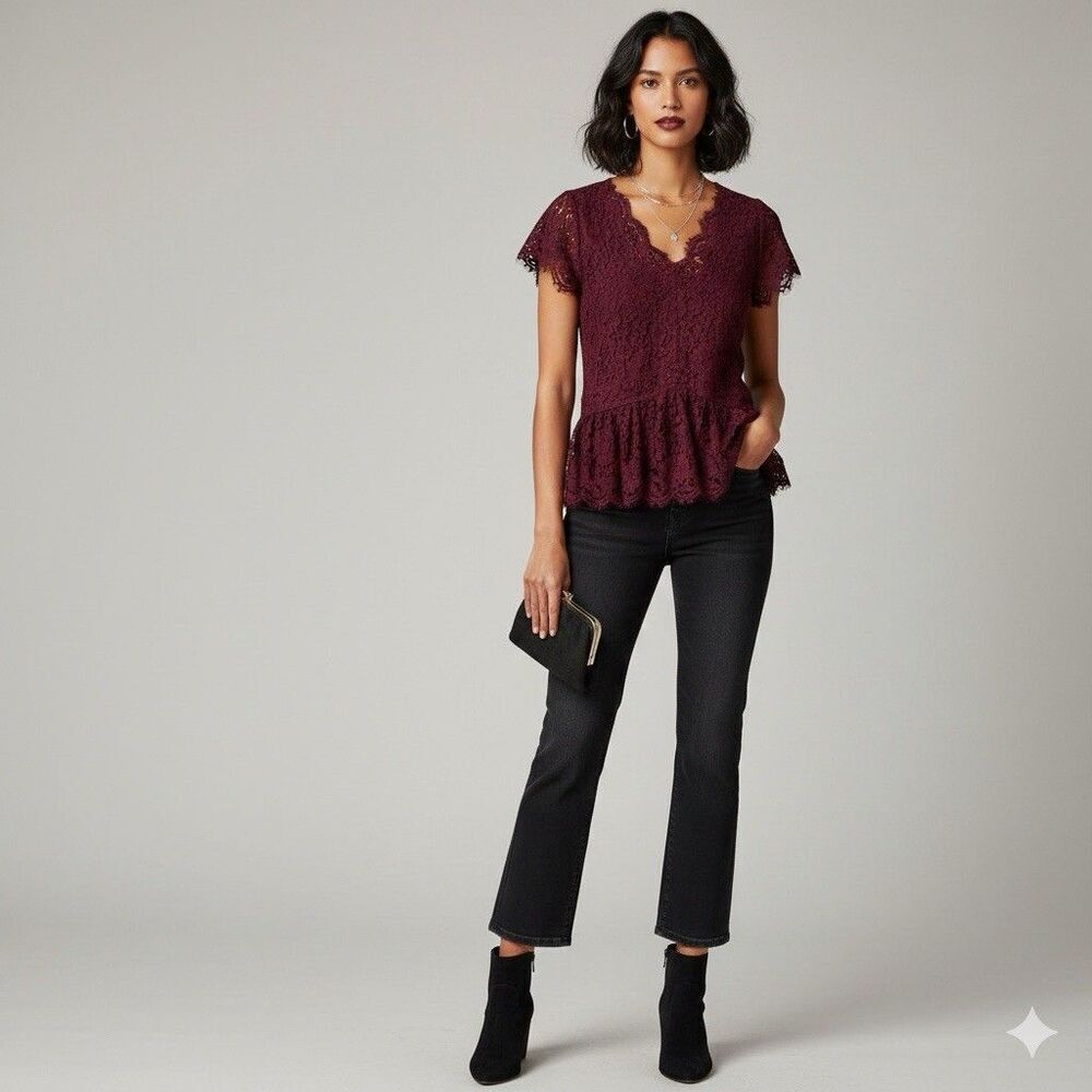 Notebuk Sz 0XL Burgundy Lace V Neck Short Sleeve Peplum Top Whimsigoth Holidays